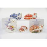 Royal Crown Derby Red Fox, Blue Fox, Leicester Fox, Posie Spaniel and Puppy (five items,