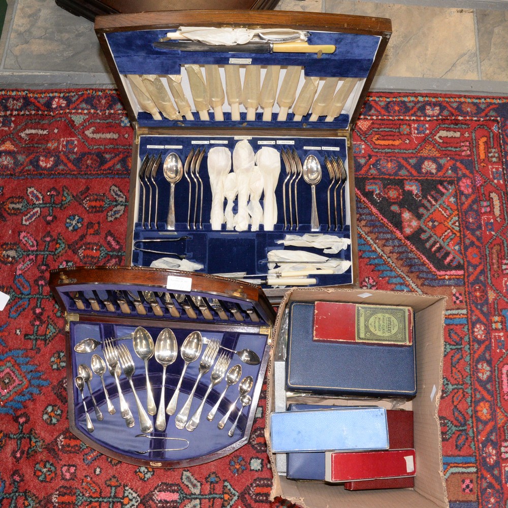 Two wood cased sets of cutlery, together with a box of cased and loose cutlery,