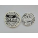 Two Staffordshire monochrome pot lids, 'Tomato' and 'Oriental' toothpaste,