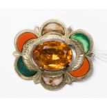 A Scottish hardstone silver brooch, comprising sections set with various types of agates etc,