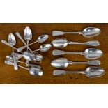 A set of five monogrammed silver dessert spoons, London 1905; together with nine silver teaspoons,