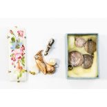 Rose metal Venetian charms, silver Maundy money jewellery, Albert clasp, painted porcelain brooch,