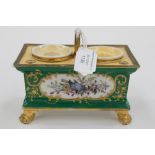 A 19th century porcelain footed stand with two inkwells, hand painted with birds and floral sprays,