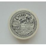 Staffordshire monochrome pot lid and base, 'Cherry Toothpaste', Parkes Drug Store London,