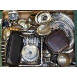 One box of silver plated items to include a coffee service, meat tureen, wine coasters,