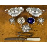 Two silver sauce boats, weighing approx 4.96 ozt and a silver cruet set, weighing approx 6.