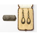 A silver and marcasite deco brooch and drop earrings