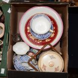 Six Polychrome printed Victorian plates and two matching cake stands;