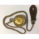 A 14ct ladies pocket watch, with floral decoration to the dial, on a 9ct gold Albert fob chain,