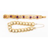 A yellow metal and cultured pearl bracelet,