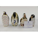 Royal Crown Derby Puffin, Rockhopper Penguin, Penguin and Chick and Penguin (four items,