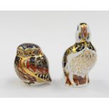 Royal Crown Derby paperweights, Puffin and Owl, both with gold stoppers,