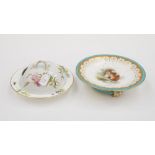 Minton muffin dish, hand painted with floral sprays and insects, with a branch and leaf handle,