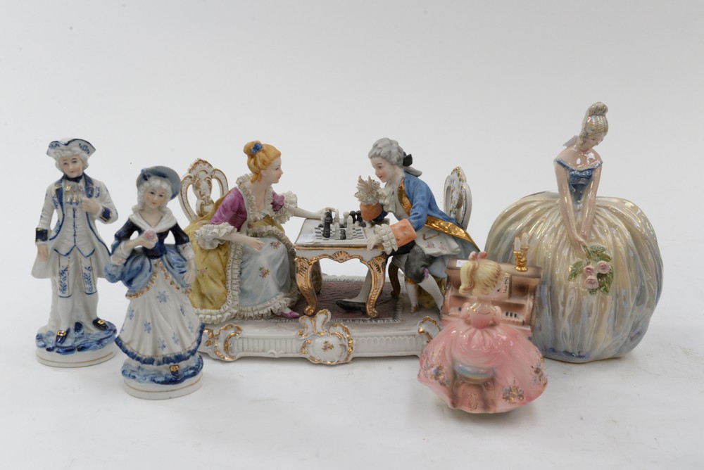 A Dutch lustre figurine with roses, Jema 223, lady and gentleman playing chess,