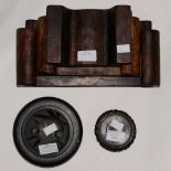 Three interlocking rectangular display stands/head rest, with a stone ink holder,