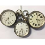 A group of three silver pocket watches, comprising a Waltham half hunter,