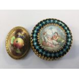 Small cloisonne pot with a painting of a family scene on the lid with gilt and blue decoration, a/f,