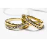 Two gold and diamond set rings, comprising a channel set diamond cross over ring, size S,