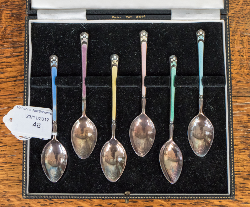 A cased set of six silver enamelled coffee spoons, Birmmingham 1960, Turner & Simpson Ltd,