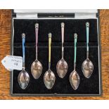 A cased set of six silver enamelled coffee spoons, Birmmingham 1960, Turner & Simpson Ltd,