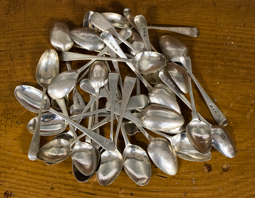 A large collection of Georgian, and later teaspoons, worn condition, approx 15.