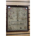 A George III sampler, 1820, including The Royal George Ship, Adam and Eve, hunting scene,