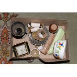 A parcel lot to include on inscribed travel clock, circa 1930-1950s plated wares, stoneware vases,