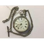 A silver half hunter fob watch and chain, H.