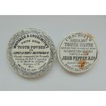 Two Staffordshire monochrome pot lids, Saponaceous Dentifrice & Areca Nut,