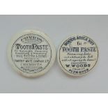 Two Staffordshire monochrome pot lids, Cherry & Areca Nut toothpaste Timothy White & Co.