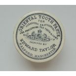 A Staffordshire monochrome pot lid and base, 'Oriental Toothpaste', Edward Taylor, Salford,