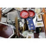 A CCCP Russian hip flask, a pewter hip flask, horn spoons, handy pack dominoes, EPNS artists trowel,