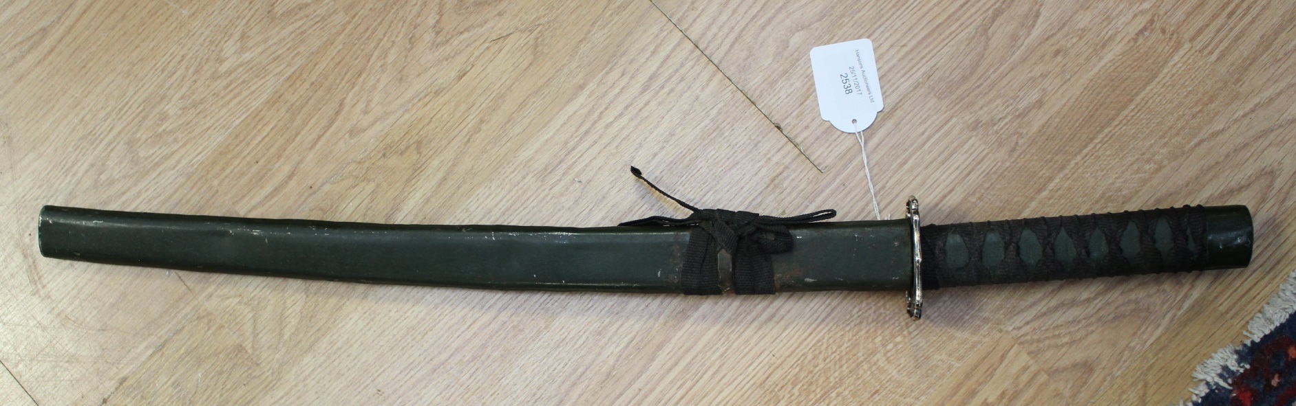 Chinese decorative short sword. 45cm long blade with fuller. Green painted steel hilt.