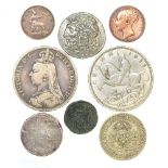 Crowns 1889,1935, Shilling 1723 SSC dated partial,