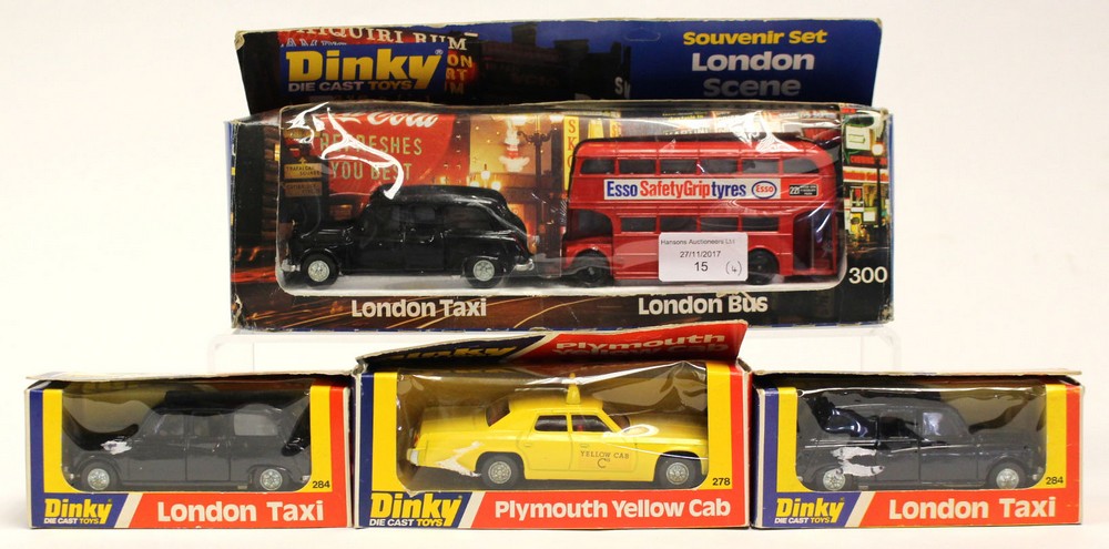 Dinky: A boxed Souvenir Set, London Scene, '300', Plymouth Yellow Cab, '278' and two London Taxis,