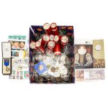 A box of World and UK coins, banknotes and stamps,