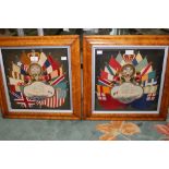 A pair of framed wool embroideries featuring a French sailing ship and Fleur de Lys surrounded by