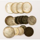 World and UK coins, includes USA Dollars 1881S, 1882S, 1886, 1889, Spain 8 Reales 1772,