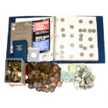 A box of coins includes a bag of pre 47 silver coins 28.