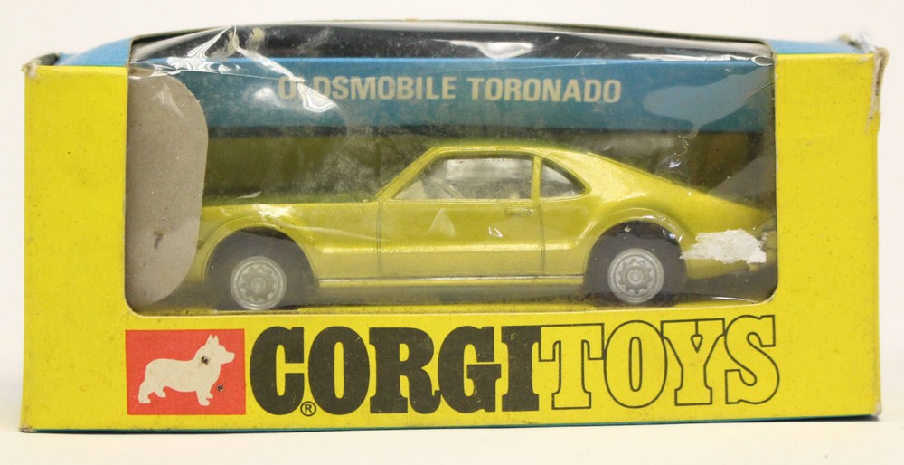 Corgi: A boxed Oldsmobile Toronado, 276, metallic green body, cream interior, original carded box,