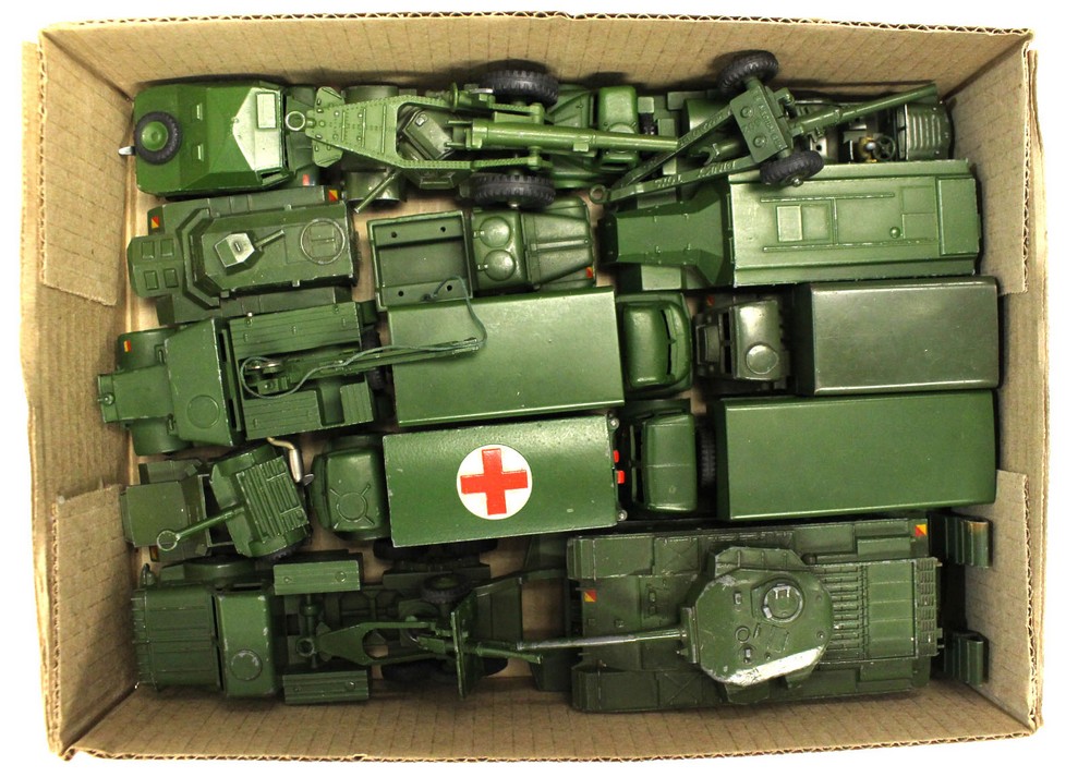 Dinky: One box of assorted unboxed Dinky Military vehicles to comprise: 660 Tank Transporter,