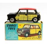 Corgi: A boxed Mini-Cooper with De Luxe Wickerwork, 249, black body, red roof, wicker panels,