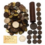 A bag of World coins and UK copper tokens