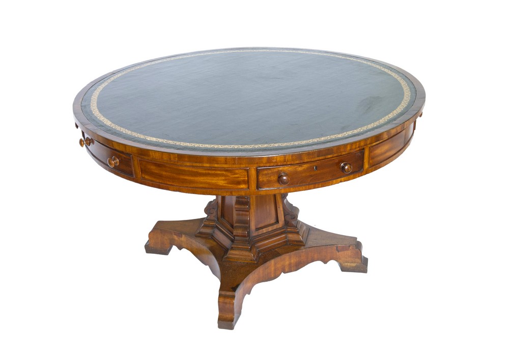 An early Victorian mahogany drum top pedestal library table,