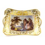A Derby view painted basket, A View in Switzerland, twin handled boat form,