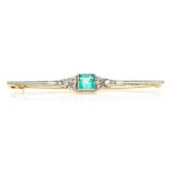 An Art Deco emerald and diamond 14ct yellow and white gold bar brooch,