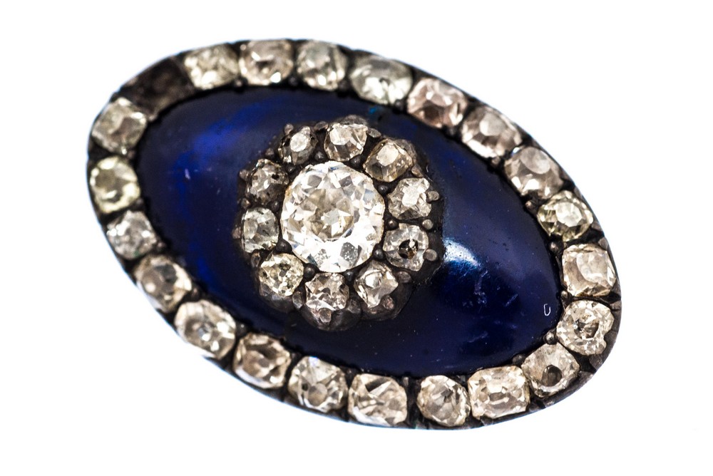 A Georgian diamond and blue glass marquise shape brooch circa 1800-1820,