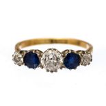 A diamond and sapphire five stone 18ct yellow gold ring,