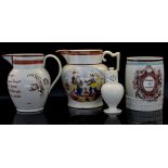 Staffordshire Pearlware jugs including Ruth Robinson with verse 1805, Chinese transfer printed jug,