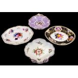 Four Staffordshire floral dessert dishes including shell shaped, Minton Rococo Scroll, Lozenge form,